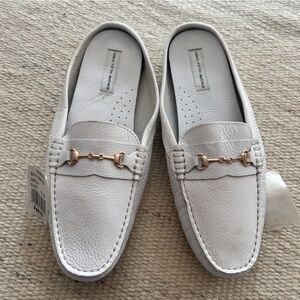 Saks Fifth Avenue White Leather Mules with Gold Detail